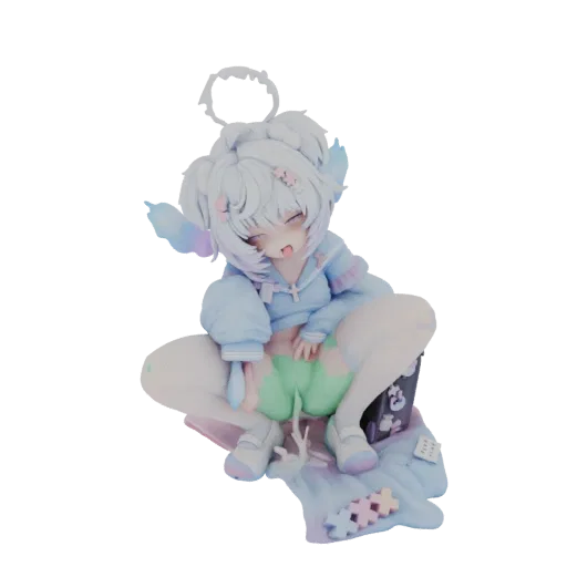 3D render of a cute, sleeping angel girl with white hair, a halo, and pastel wings, in a relaxed pose.