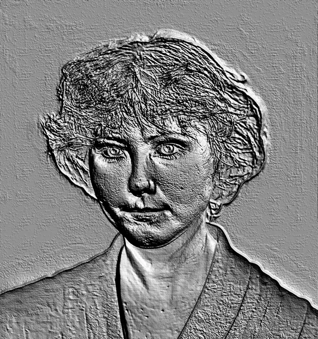 Modelo 3D de baixo-relevo de mulher com blazer elegante, com traços faciais detalhados e textura semelhante a pedra.