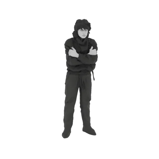 3D model of a young man with dark, tousled hair, wearing a dark hoodie and pants, standing with arms crossed.