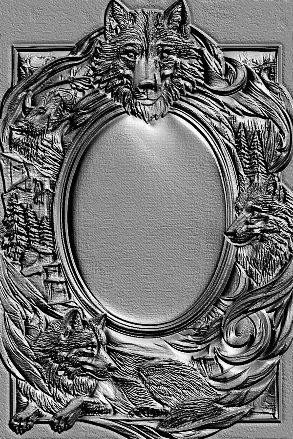 3D model of a bas-relief depicting three wolves in a forest, rendered in a гравure style, with a central oval recess.
