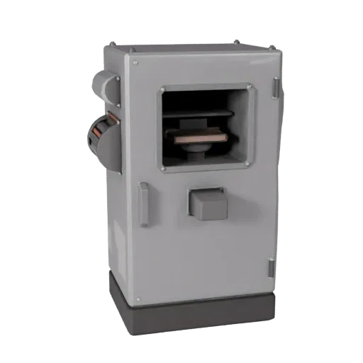 Packaging Control Cabinet Low Poly 3D model, game viewport three-quarter view, showing painted steel, machine stations.