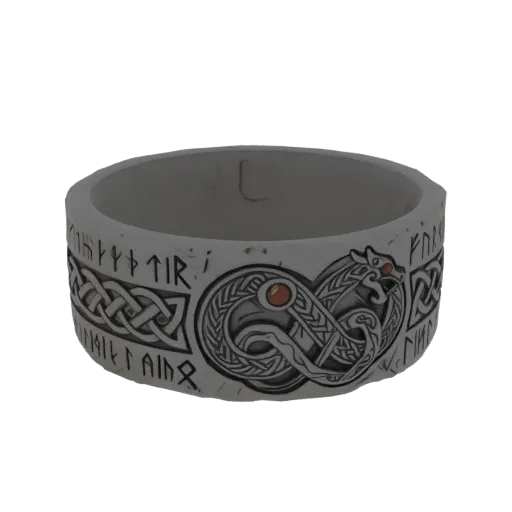 3D model of a silver-colored Viking ring with a coiled serpent and runic inscriptions, featuring orange gem eyes.