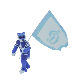 3D model of a blue fox mascot in a sports jersey, holding and waving a light blue flag with a 'D' emblem.
