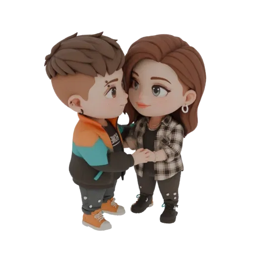 3D model of a cute couple in chibi style, holding hands and looking at each other affectionately.