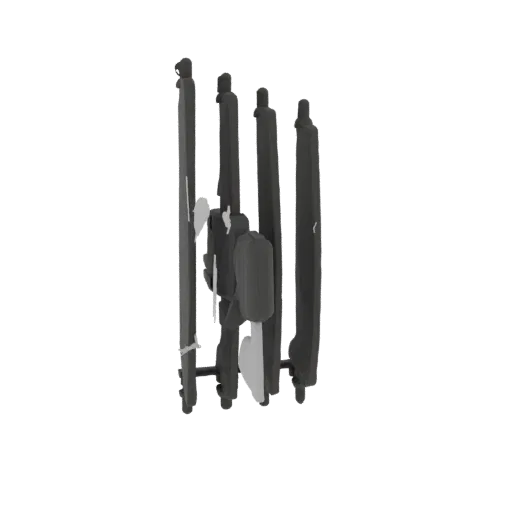 3D model of a dark gray foldable camping chair in its compact, folded state, against a white background.
