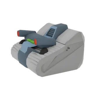 3D model of a futuristic hovercraft with a blue body, red exhausts, and a white base, set against a black background.