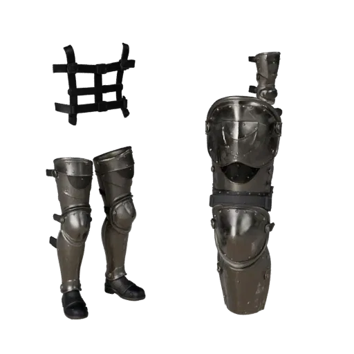 Tactical Shin Guard 3D model, three-quarter front view, Unity viewport, showing metal plates, form detail.