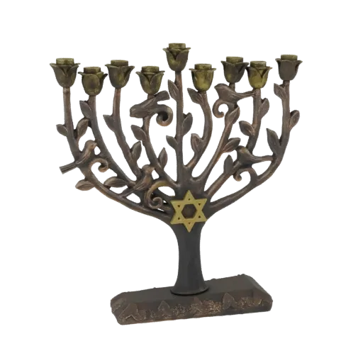 3D model of an ornate bronze Menorah with rose motifs, birds, and a Star of David on its base.