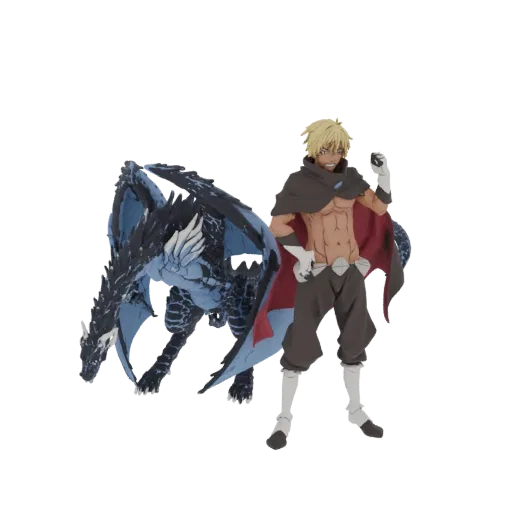 3D model of a muscular dragon rider with a dark cape standing next to a large blue and black dragon with spread wings.