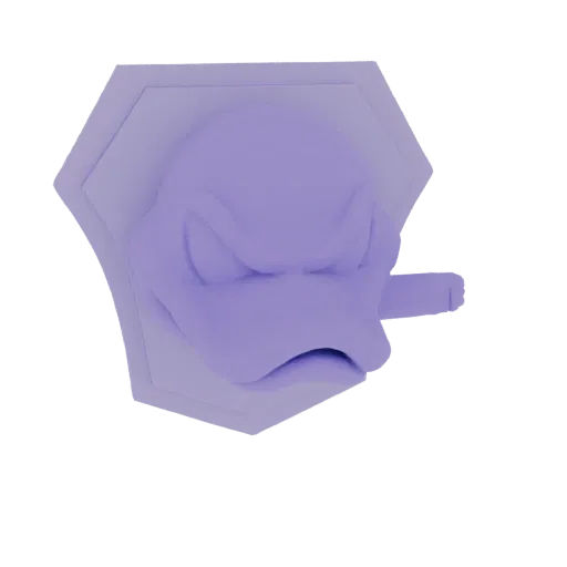 3D model render of a grumpy duck character with a cigar, mounted on a hexagonal plaque, presented in a purple monochrome styl