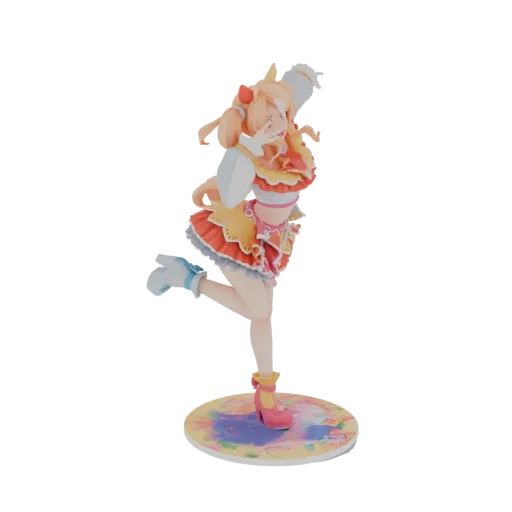 3D render of a colorful anime girl figure with blonde pigtails, wearing a red and yellow skirt, striking a dynamic pose on a