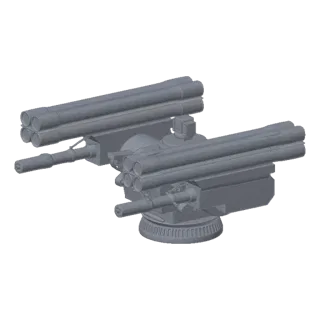 3D model of a sci-fi missile turret with four missile pods on each side, a central rotating unit, and a detailed base, render