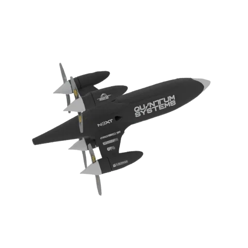 3D model of the Quantum Systems N3XT VTOL drone, shown from a top-down perspective with propellers extended.