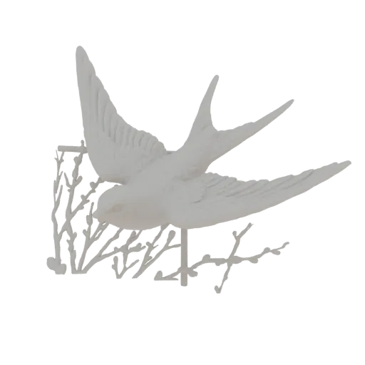 3D model of a white porcelain swallow in flight, perched on delicate willow branches, against a white background.