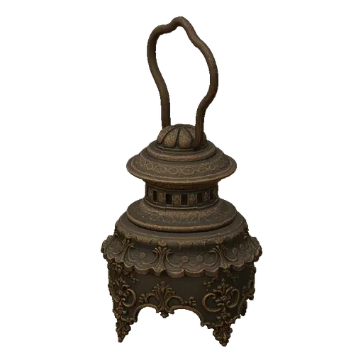 3D model of an ornate Victorian lantern with intricate scrollwork and a bronze finish, set against a black background.