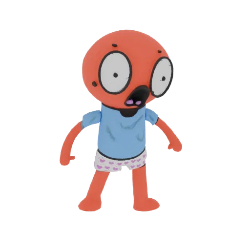 A 3D render of a surprised orange creature with large eyes, wearing a blue t-shirt and white underwear with pink hearts.