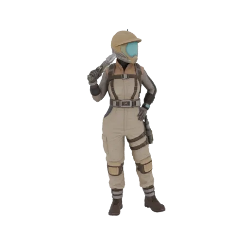3D model of a sci-fi explorer character in a tan jumpsuit, wearing a helmet with a blue visor, and holding a tool.