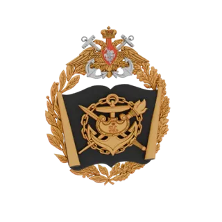 3D model of a naval emblem featuring a golden anchor, torch, laurel wreath, crown, and eagles against a dark background.