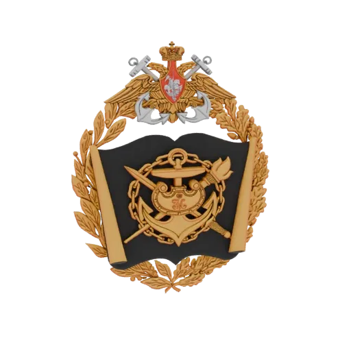 3D model of a naval emblem featuring a golden anchor, torch, laurel wreath, crown, and eagles against a dark background.