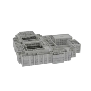 3D model of a modern multi-level building with a central courtyard, viewed from a slightly elevated angle.