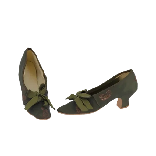 3D model of a pair of 18th-century olive green silk court shoes with a green ribbon bow and brown embroidery, shown from a si