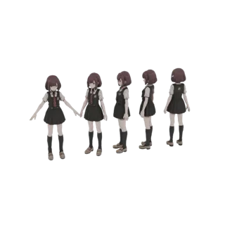 A 3D model of an anime schoolgirl in a uniform, shown from multiple angles.