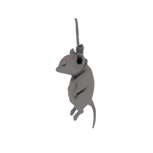 Ein 3D-Render einer grauen Maus, die an einer Schlinge hängt, mit geschlossenen Augen.