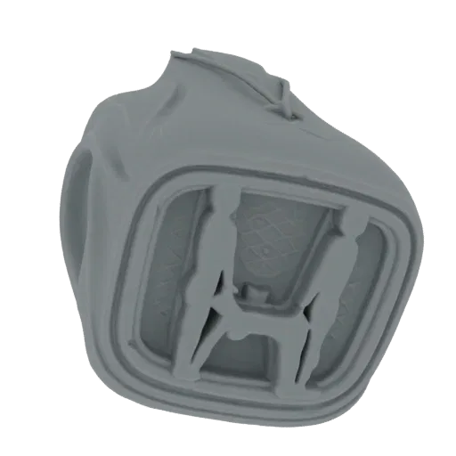 Modelo 3D de anillo vintage gris con escena esculpida de dos figuras humanas flanqueando un perro en la cara.