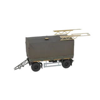 3D model of a military tent trailer with a dark green canvas cover and extended yellow support arms, shown against a white ba