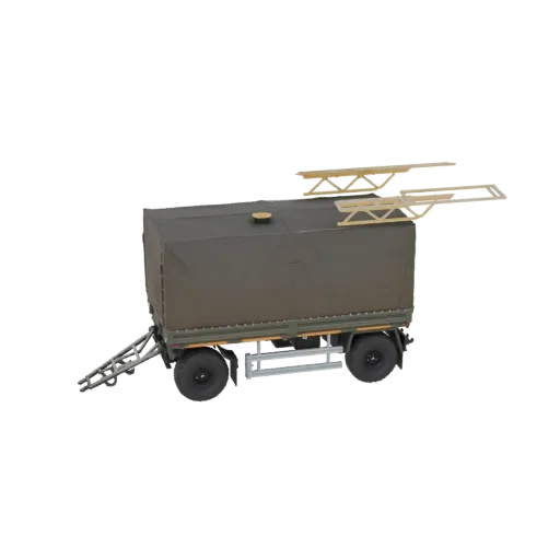 3D model of a military tent trailer with a dark green canvas cover and extended yellow support arms, shown against a white ba