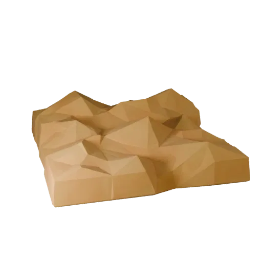 Desert Outpost Terrain Low Poly 3D model, game viewport three-quarter view, showing sculpted terrain, dune ridges.