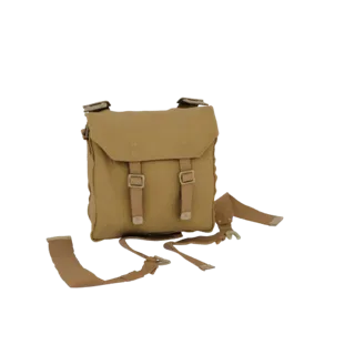 3D model of a vintage tan canvas satchel with two main buckle straps on the front flap and additional loose straps.
