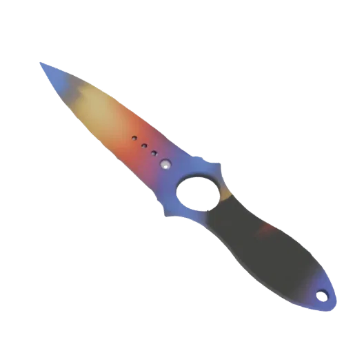 3D model of a combat knife with a rainbow gradient blade and dark handle, set against a black background.