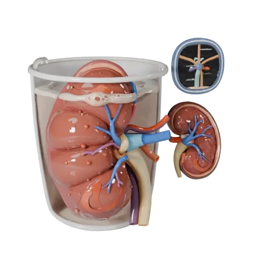 Teaching Kidney Stylized 3D model, stylized isometric render, showing soft tissue colors, organ silhouette.