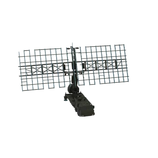 3D model of a mobile radar system with a large phased array antenna mounted on a wheeled military vehicle, set against a blac