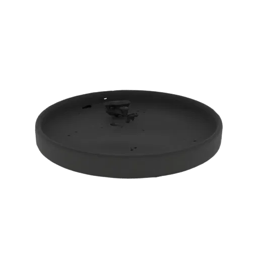 A realistic 3D model of a dark ceramic ashtray filled with ash and cigarette butts, set against a black background.