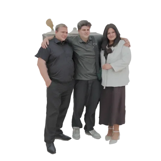 3D model of three friends, two men and one woman, posing together with arms around each other.