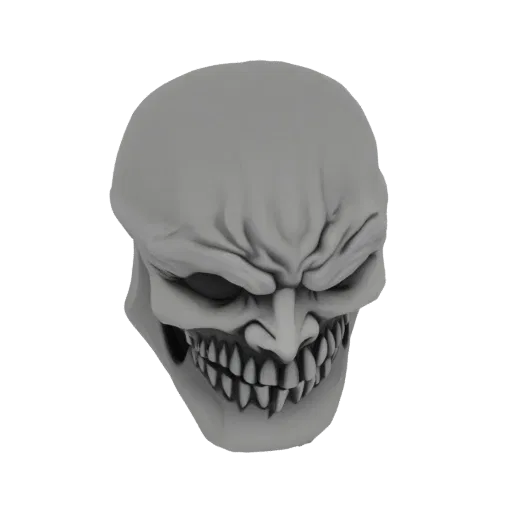 Render 3D de uma máscara de crânio demoníaco cinza e ameaçadora, com dentes afiados e expressão aterradora, isolada em fundo
