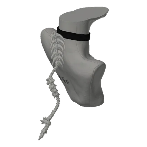 3D model of a grey bust with a detailed spine and a black choker, set against a black background.