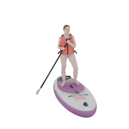3D model of a woman in an orange life vest standing on a purple and white paddleboard with a paddle.