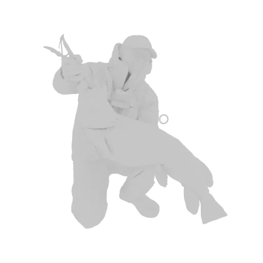 3D model of a hunter in winter clothing holding a game animal and tongs, posed dynamically.