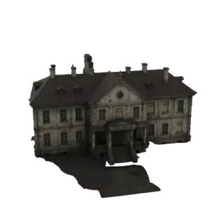 3D model of a weathered Gothic Revival asylum building with a central entrance and steps.
