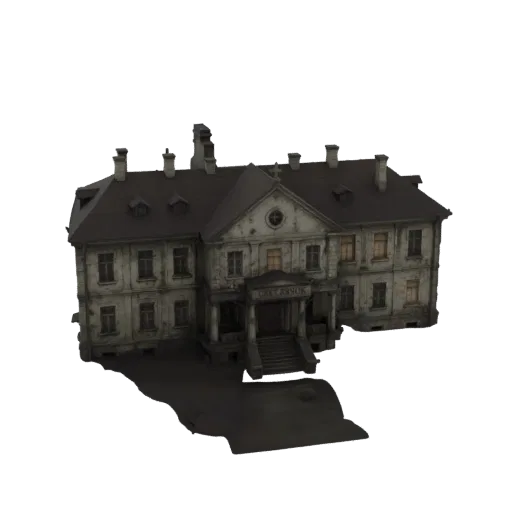 Modelo 3D de edificio asilo neogótico desgastado con entrada central y escaleras.
