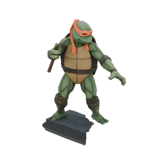 3D model of Michelangelo from Teenage Mutant Ninja Turtles in an action pose, holding nunchucks.