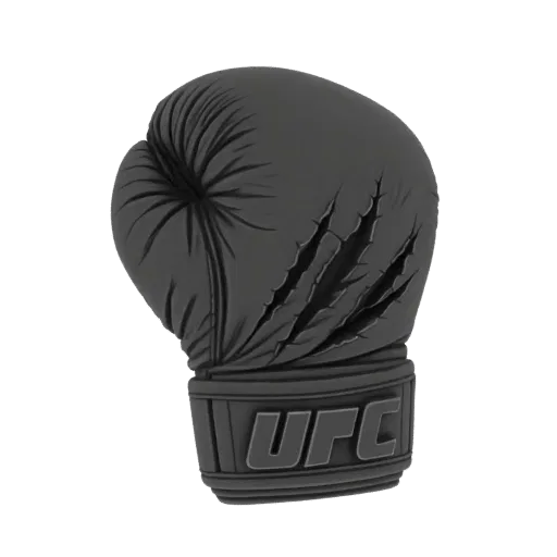 A 3D model of a black UFC boxing glove with a textured surface and the UFC logo on the wrist strap, set against a white backg