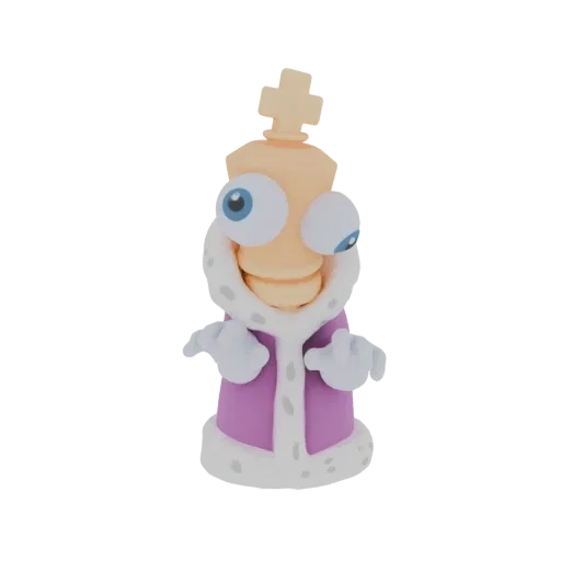3D model of a goofy king chess piece with large blue eyes and a purple robe, standing against a white background.