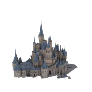 3D model of a large, ornate fantasy castle with cream-colored walls and distinctive blue spires and roofs, set against a whit