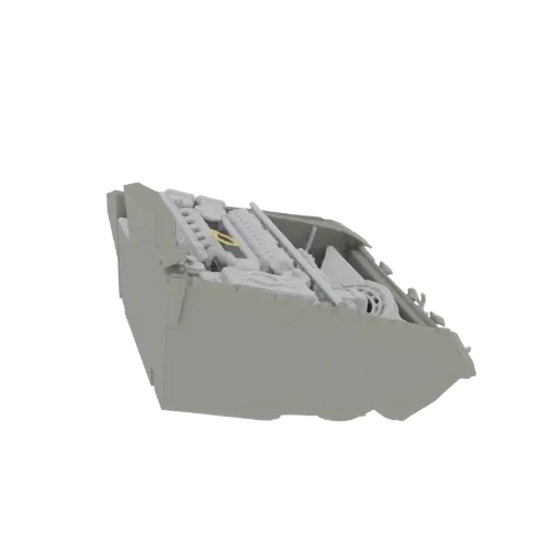 3D model of a detailed sci-fi spaceship cockpit interior with multiple consoles and screens.