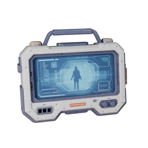 Clean Sci Fi Data Pad Stylized 3D model, stylized isometric render, showing emissive strips, strong prop silhouette.