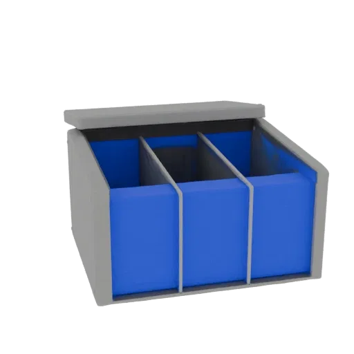 Modèle 3D de conteneur gris avec compartiments internes bleus et séparateurs verticaux